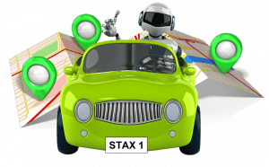 stax robot driving a car with map in background